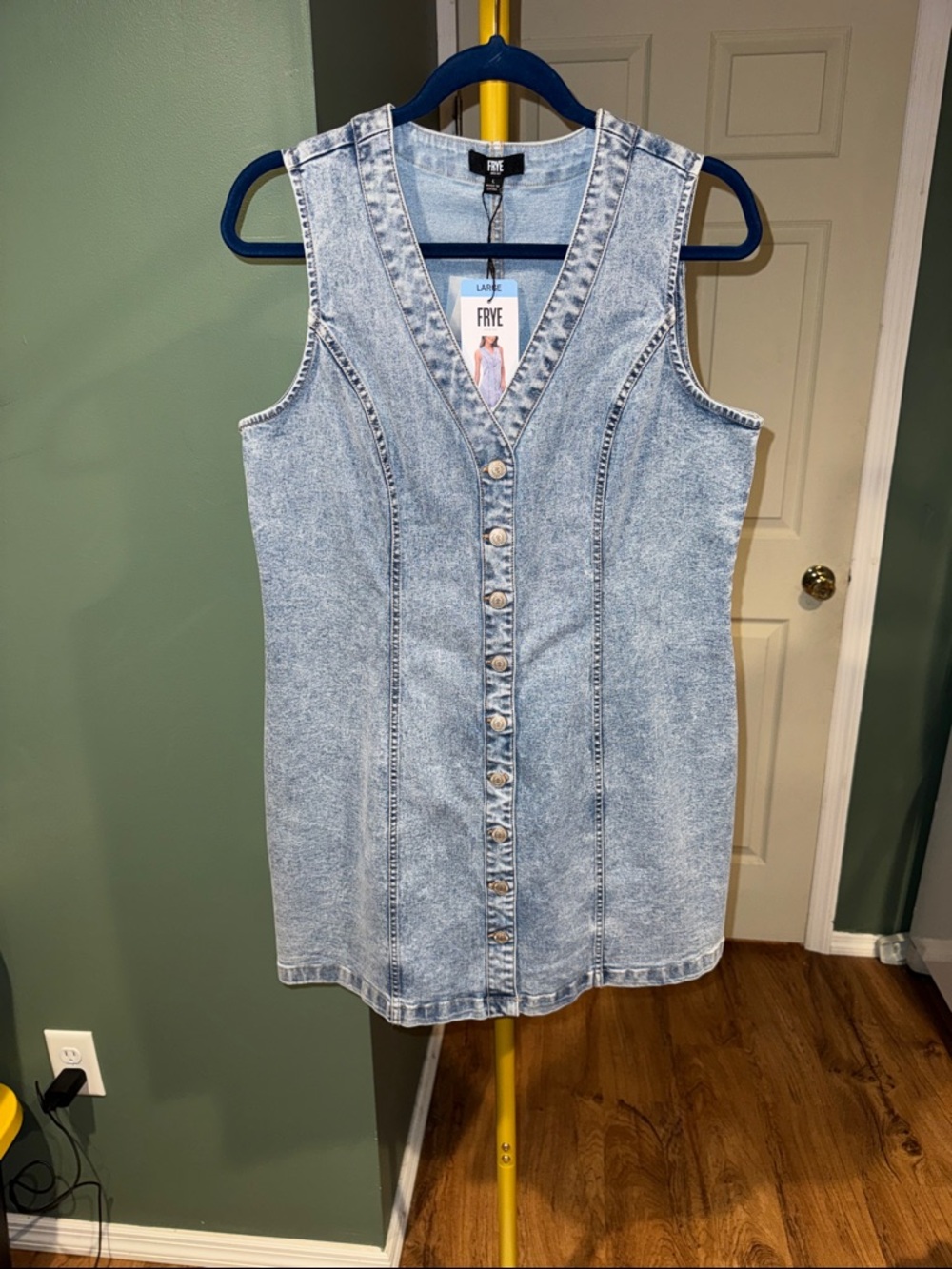 NWT FRYE Light Wash Denim Button-Front  Mini Dress Sz L